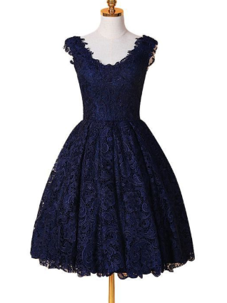 A-Line V-Neck Blue Simple Lace Homecoming Dresses Charlee CD1115