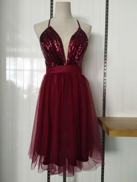 Dark Red Sequins Halter V-Neckline Tulle Party Jamya Homecoming Dresses Dress Short CD12266