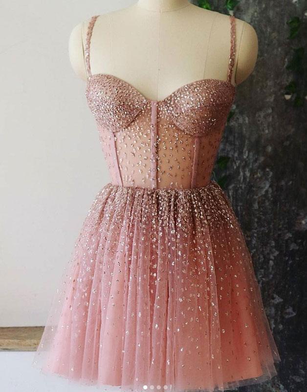 Homecoming Dresses Ruby Pink A-Line Spaghetti Straps Short Dresses Dusty Beaded CD1880