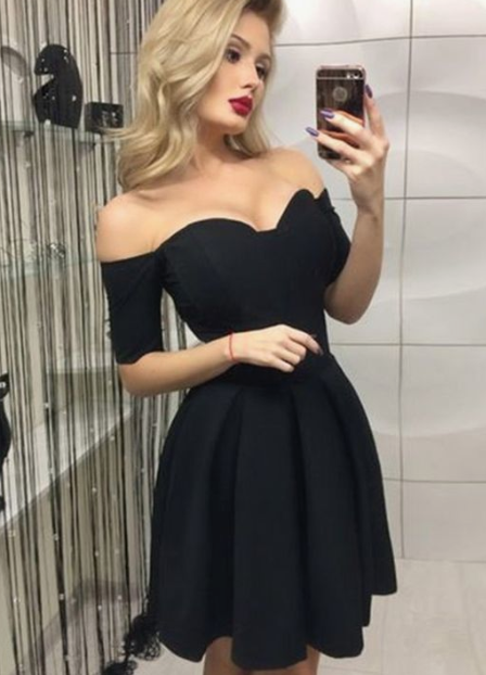 A-Line Off-The-Shoulder Short Sleeves Black Dress Homecoming Dresses Cocktail Madeline CD2799