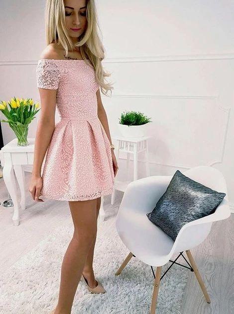 Homecoming Dresses Lace Abbigail Pink Blush Off Shoulder CD3016