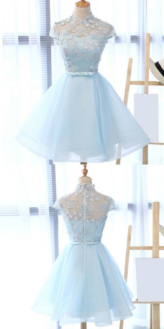 Chic Light Sky Blue Hedda Homecoming Dresses Tulle High Neck Party Dress CD479