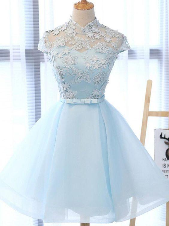 Chic Light Sky Blue Hedda Homecoming Dresses Tulle High Neck Party Dress CD479