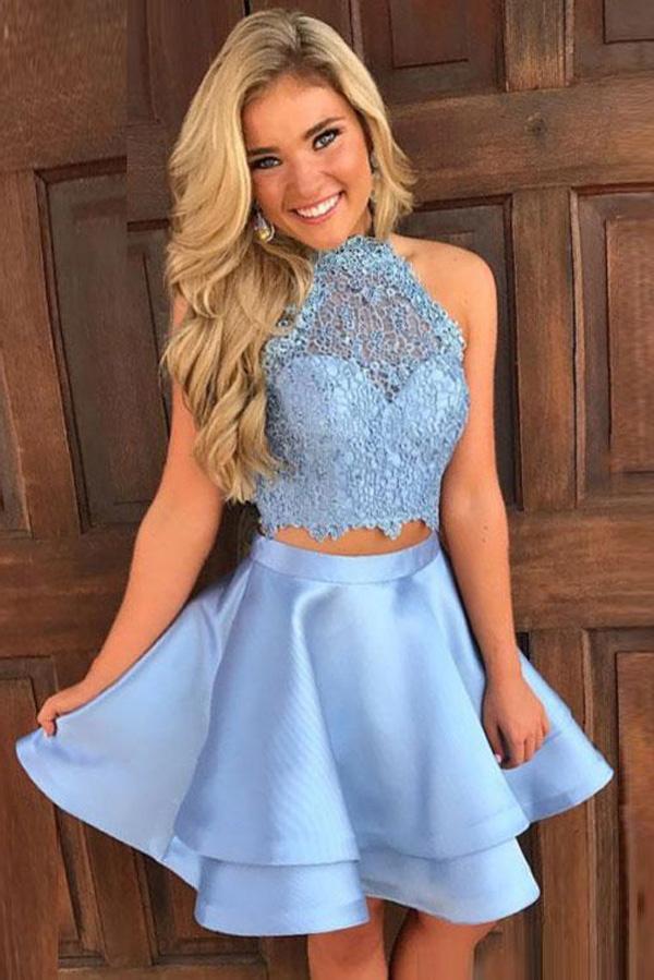 Skye Blue Two Piece Halter Sleeveless Keyhole Back Appliques A Line Homecoming Dresses Angie Short CD61