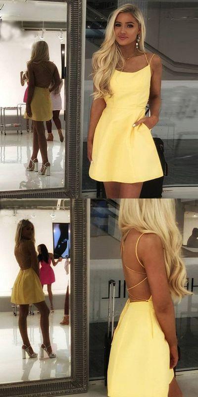 A-Line Spaghetti Straps Backless Yellow Short With Homecoming Dresses Ursula Pockets CD642