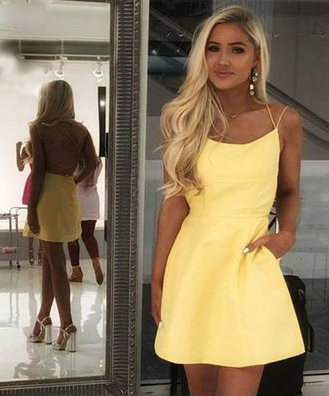 A-Line Spaghetti Straps Backless Yellow Short With Homecoming Dresses Ursula Pockets CD642