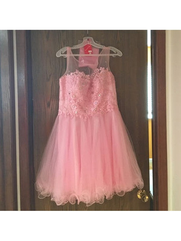 A-Line/Princess Sleeveless Scoop Applique Tulle Amber Homecoming Dresses Short/Mini Dresses